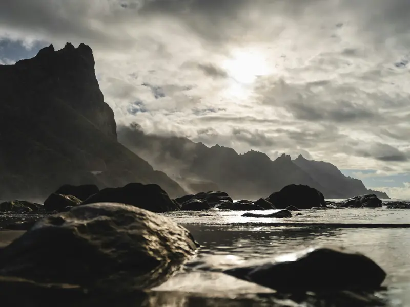 Plage de sable volcanique noir aux îles Canaries avec palmiers et océan turquoise