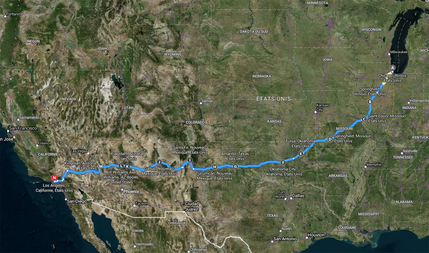 Carte complète de l'itinéraire Route 66 - De Chicago à Los Angeles avec toutes les étapes du road trip centenaire